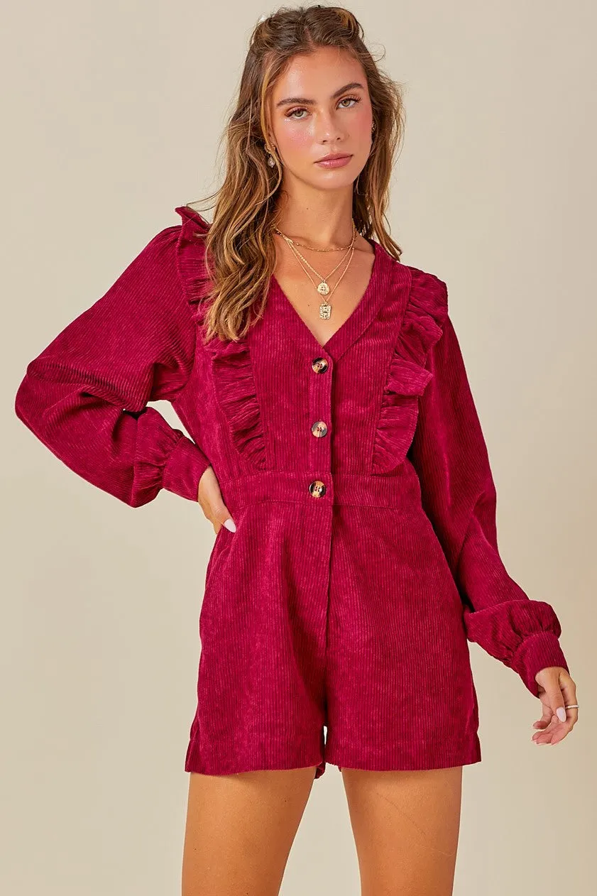 RUFFLE DETAIL LONG SLEEVE CORDUROY ROMPER