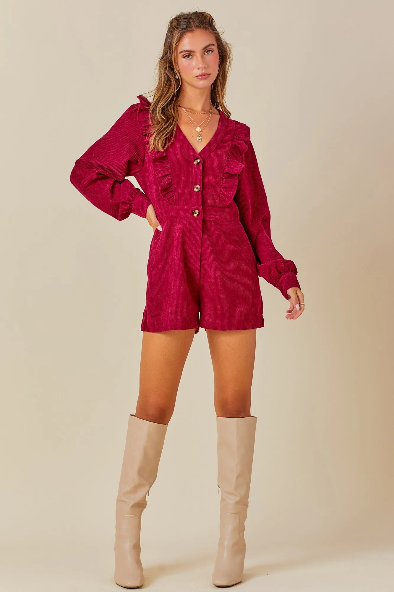 RUFFLE DETAIL LONG SLEEVE CORDUROY ROMPER