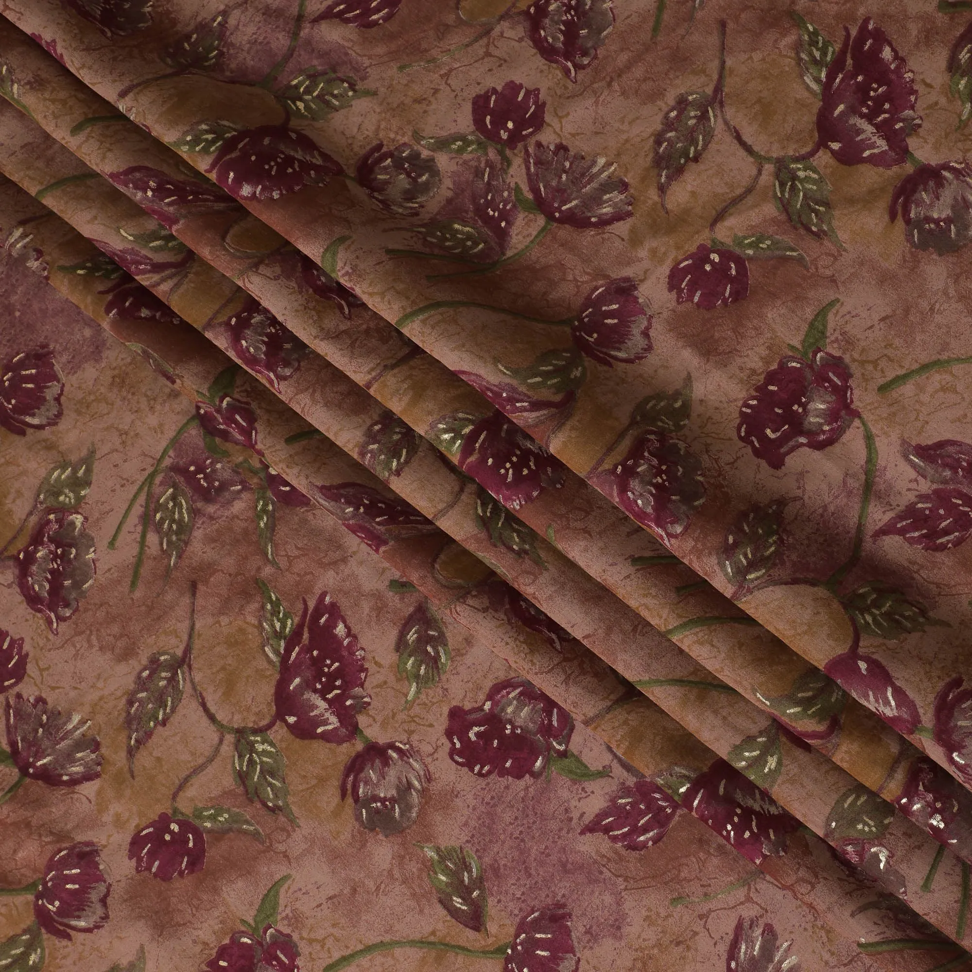 Rustic Maroon Blooms Blended Viscose Fabric - Artisanal Print, 110cm Wide, Shop Online-D18009