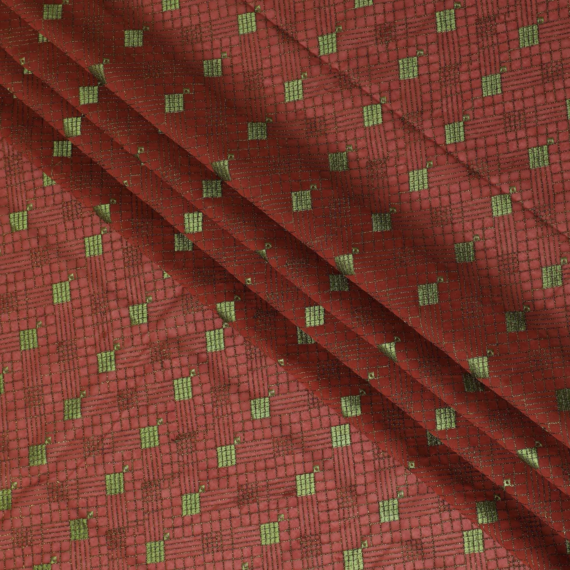 Rustic Red Cotton Voile with Green Diamond Embroidery for Sudanese Thobe - 140cm x 4.5 Mtrs piece-D18595