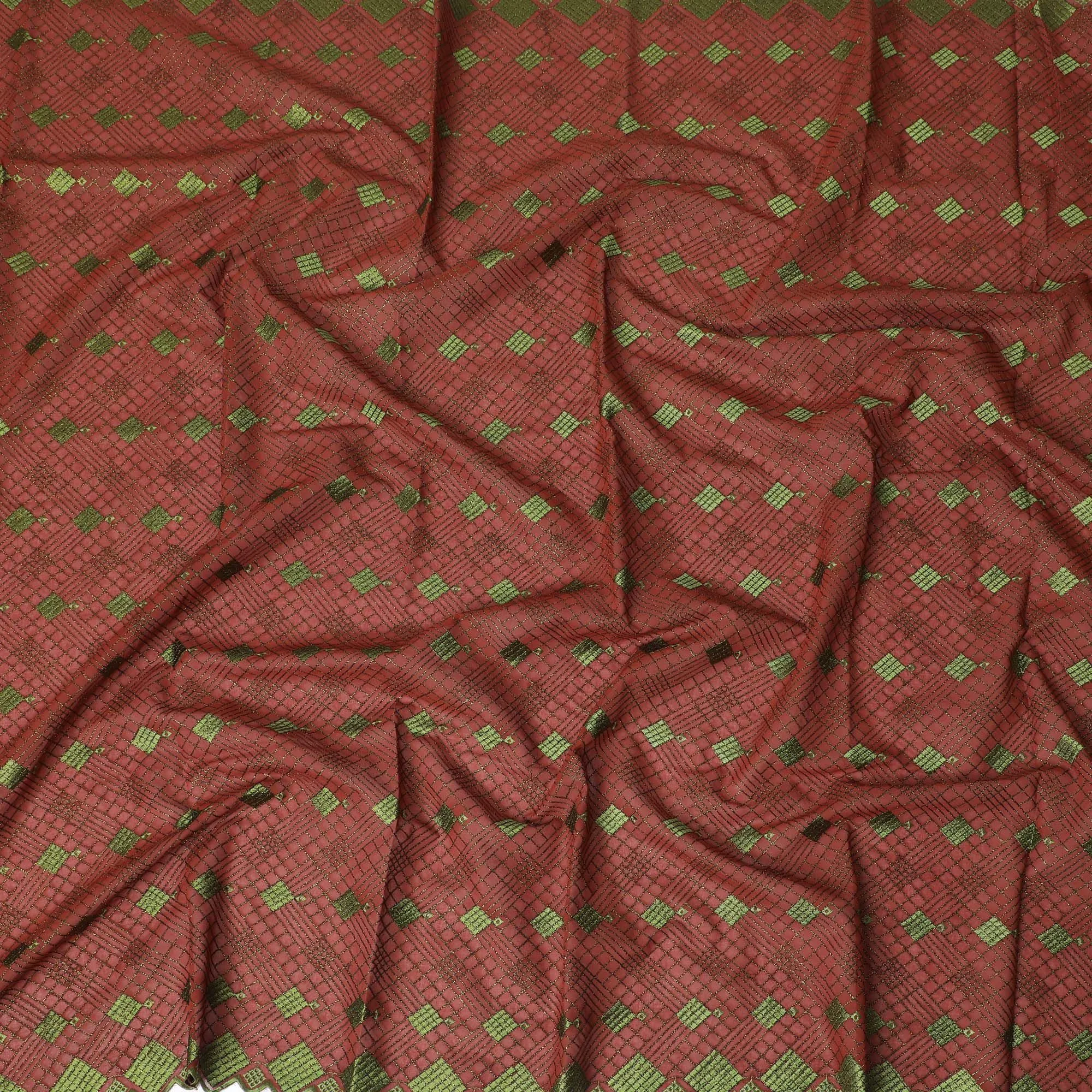 Rustic Red Cotton Voile with Green Diamond Embroidery for Sudanese Thobe - 140cm x 4.5 Mtrs piece-D18595