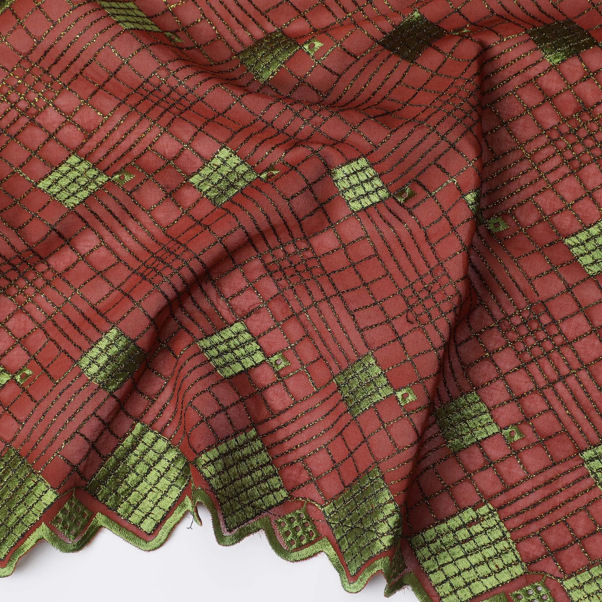 Rustic Red Cotton Voile with Green Diamond Embroidery for Sudanese Thobe - 140cm x 4.5 Mtrs piece-D18595