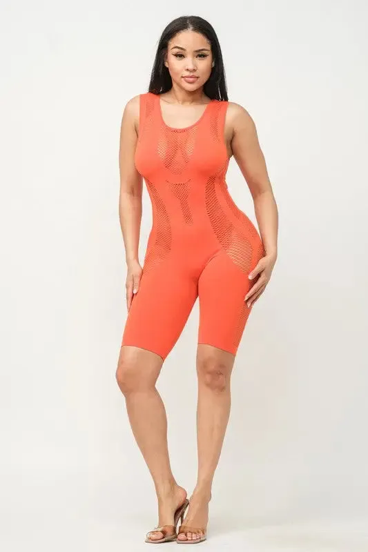 SEAMLESS SCOOP NECK ALL OVER FISHNET ROMPER