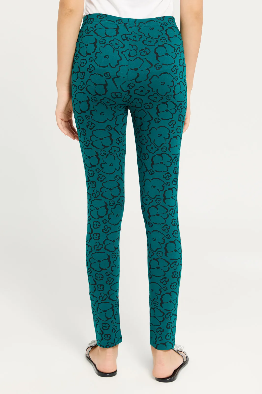 Senior Girls Green Printed Basic Leggings