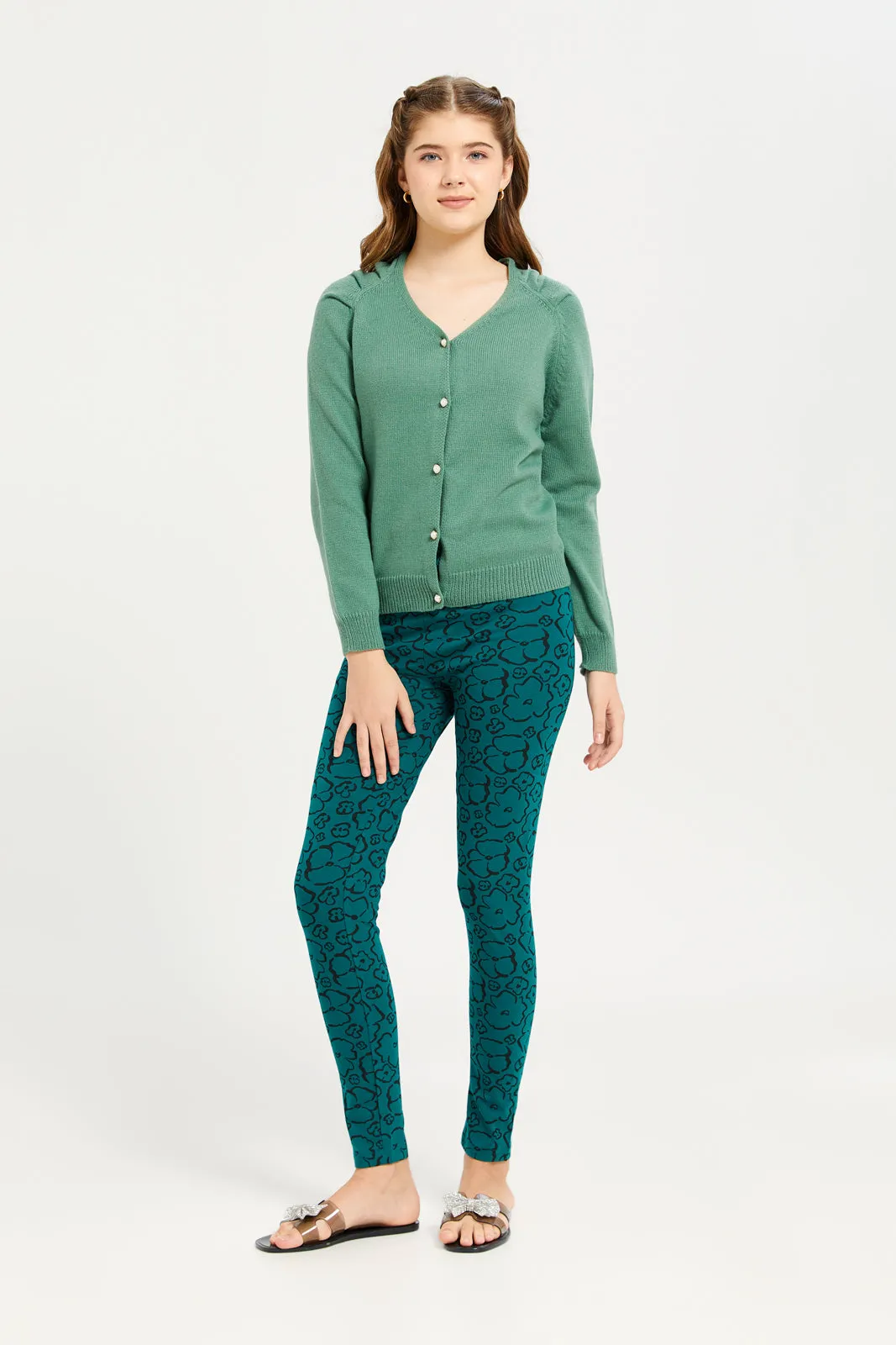 Senior Girls Green Printed Basic Leggings