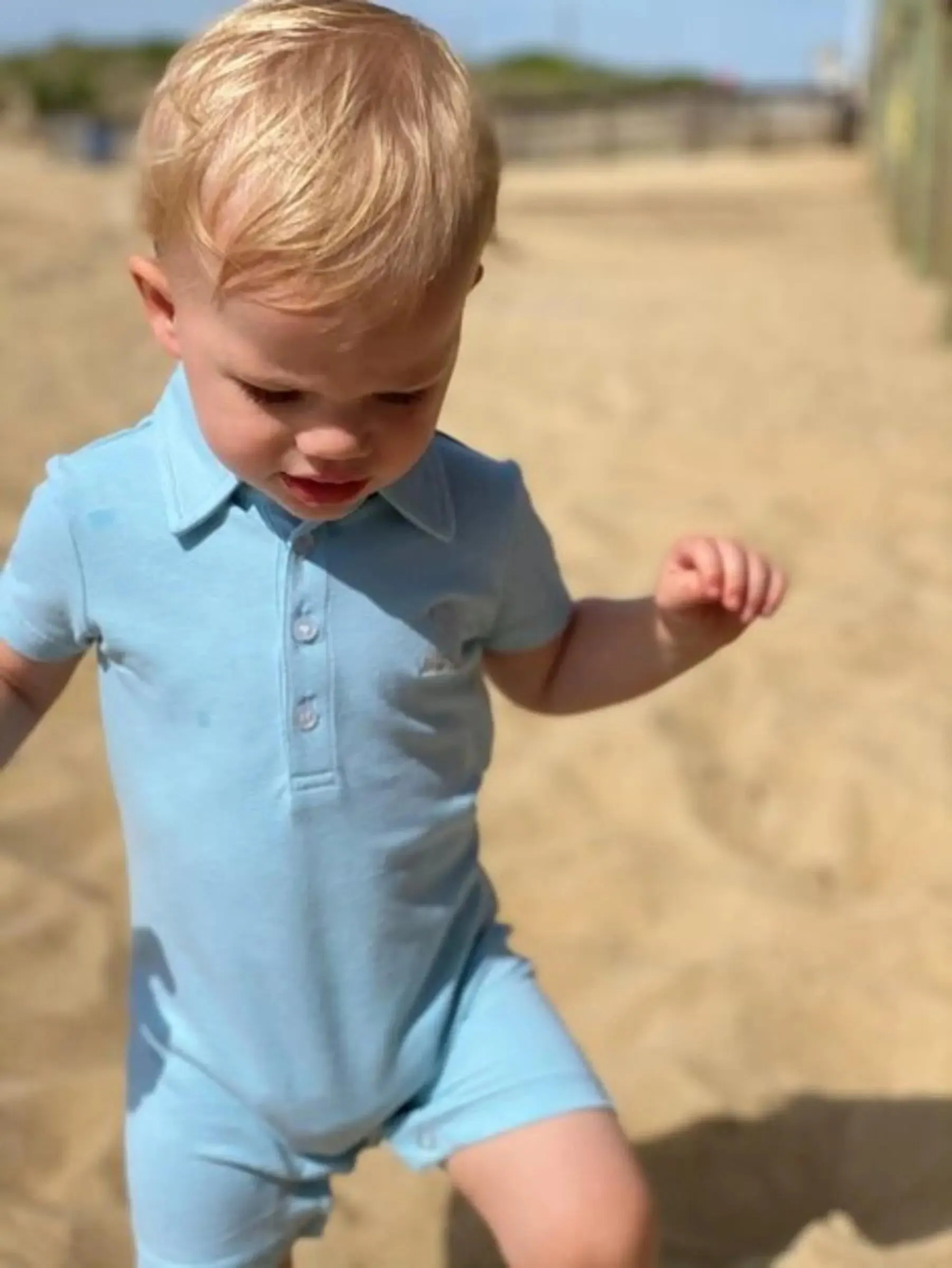 Sky blue pique polo romper | Me & Henry