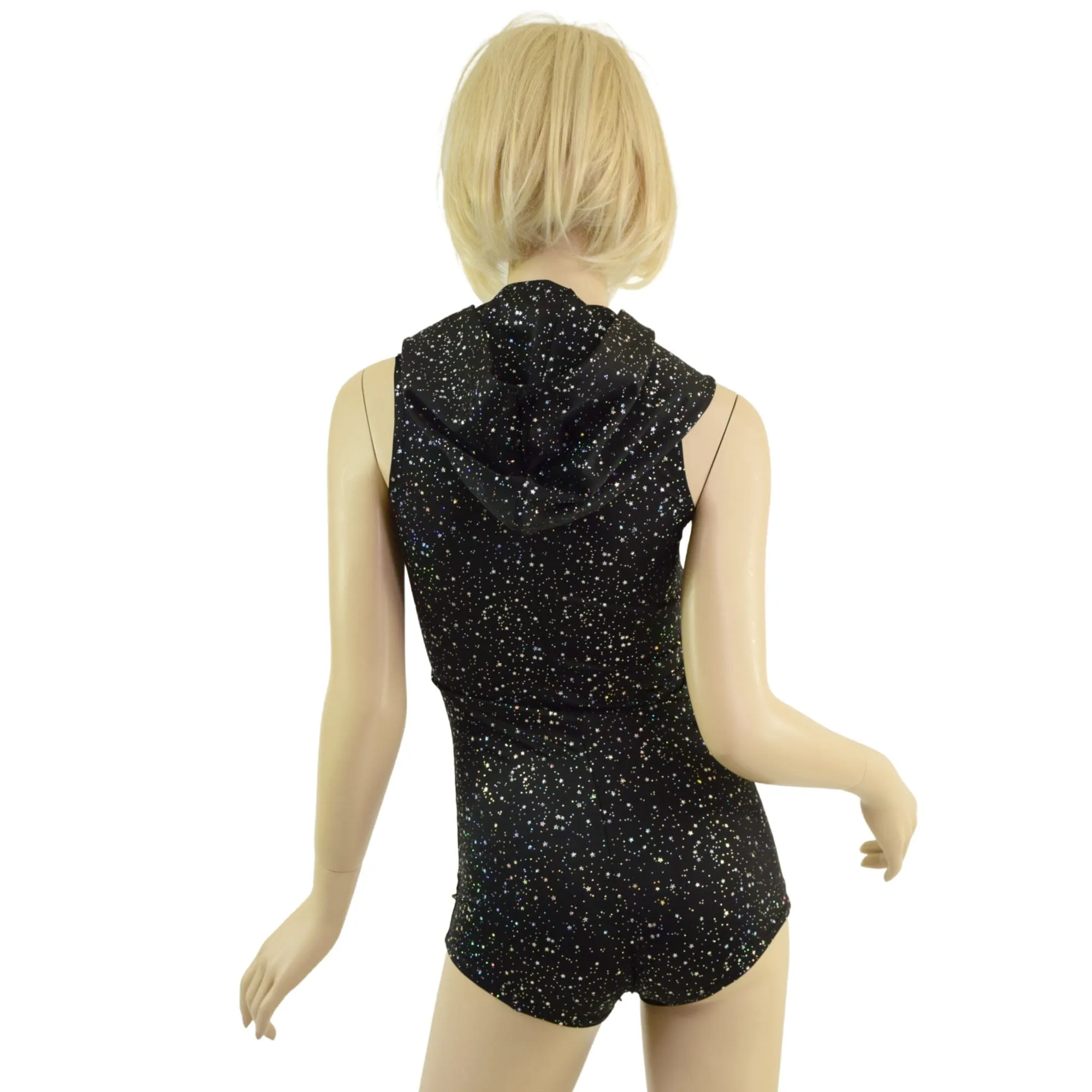 Sleeveless Star Noir Romper with Self Lined Hood and Boy Cut Leg