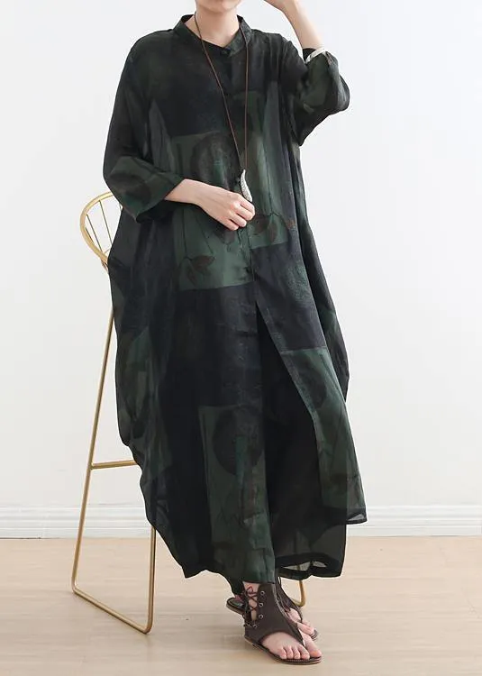 Summer new green print suit long silk wide-leg pants two-piece suit