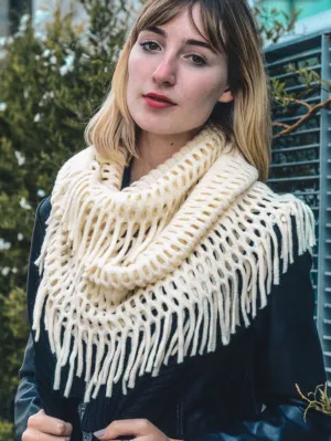 Tassel Knit Fringe Infinity Scarf - Ivory