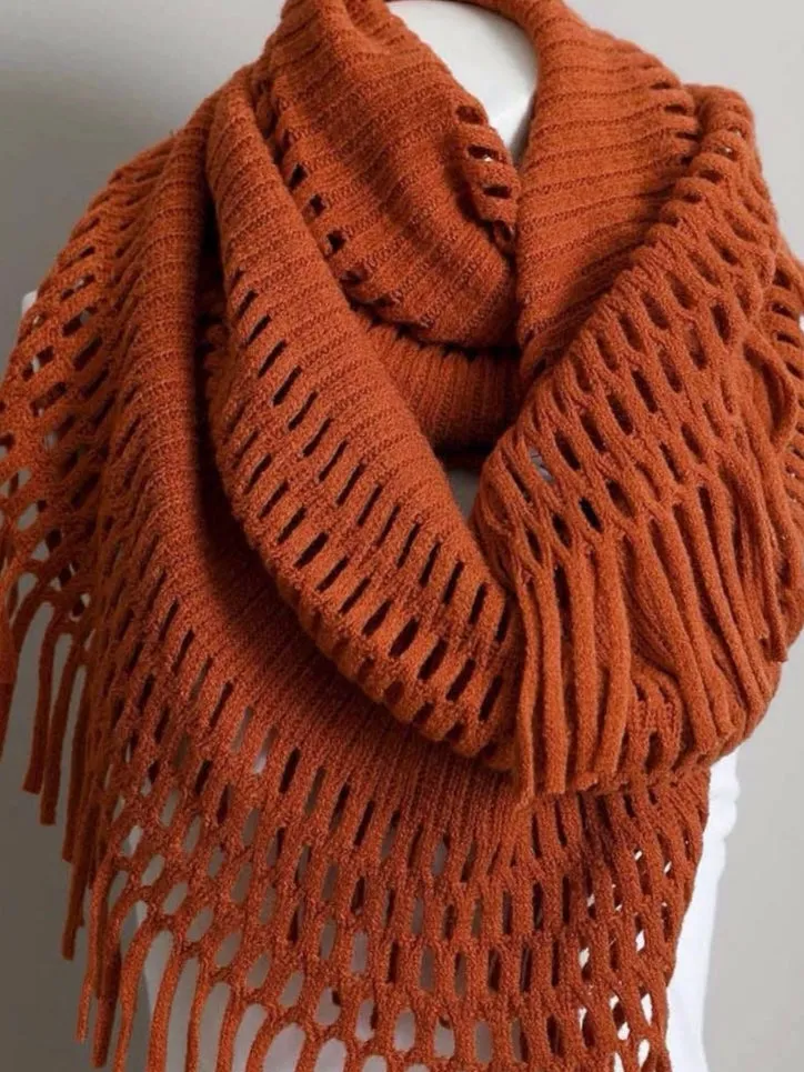 Tassel Knit Fringe Infinity Scarf - Rust