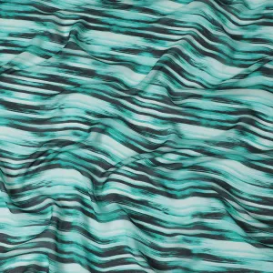 Teal green Premium pure silk chiffon with pearl grey and black print in stripe design-D16990