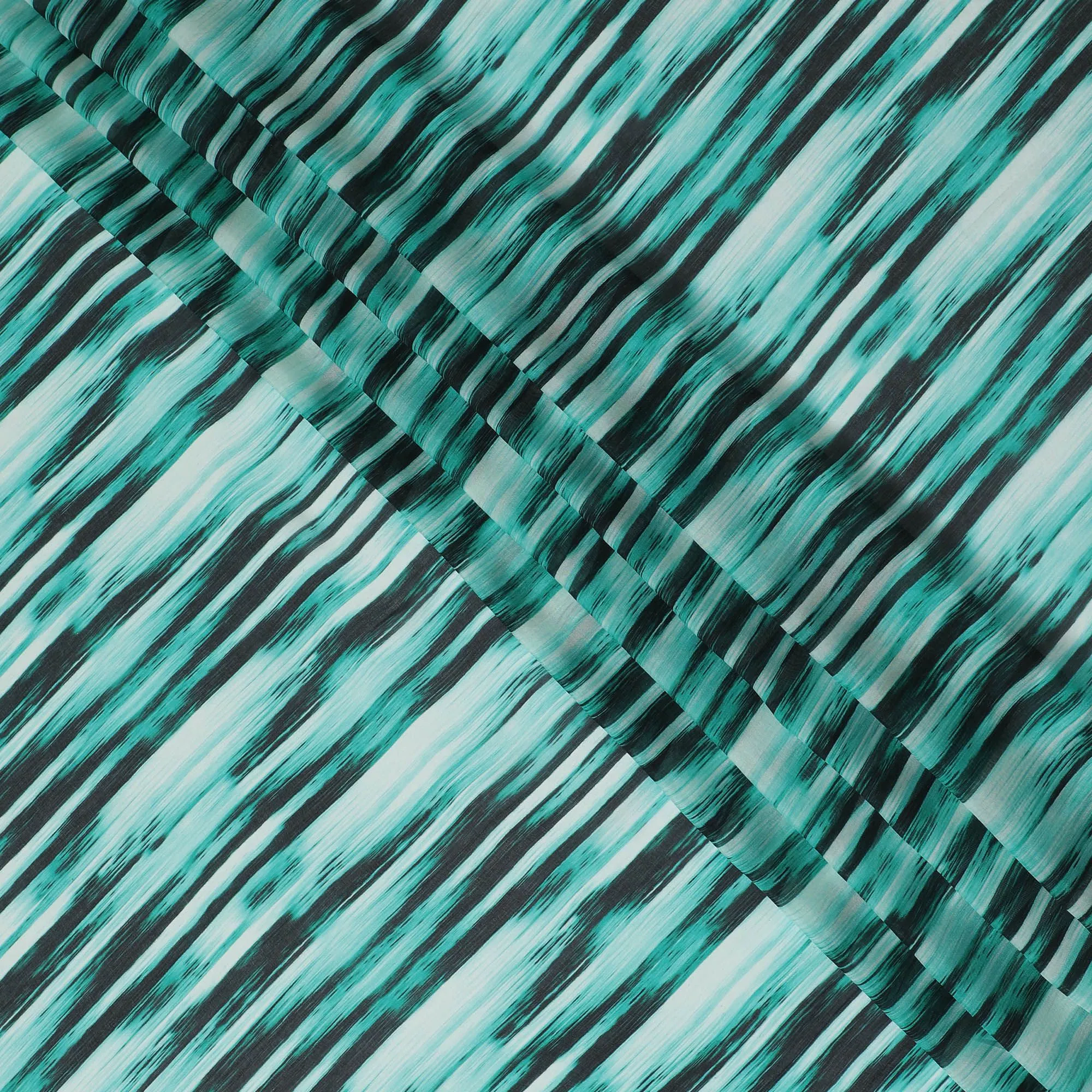 Teal green Premium pure silk chiffon with pearl grey and black print in stripe design-D16990