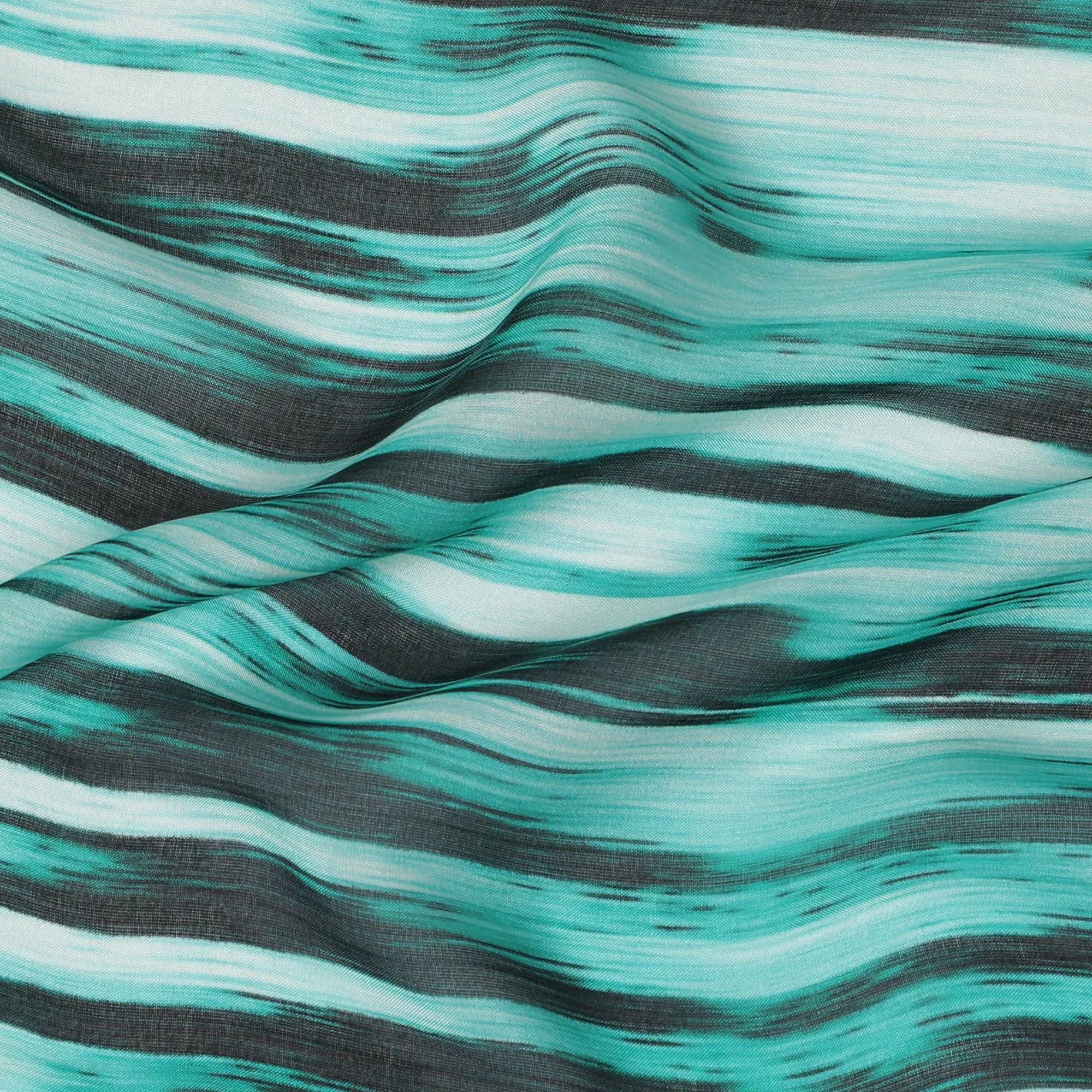 Teal green Premium pure silk chiffon with pearl grey and black print in stripe design-D16990