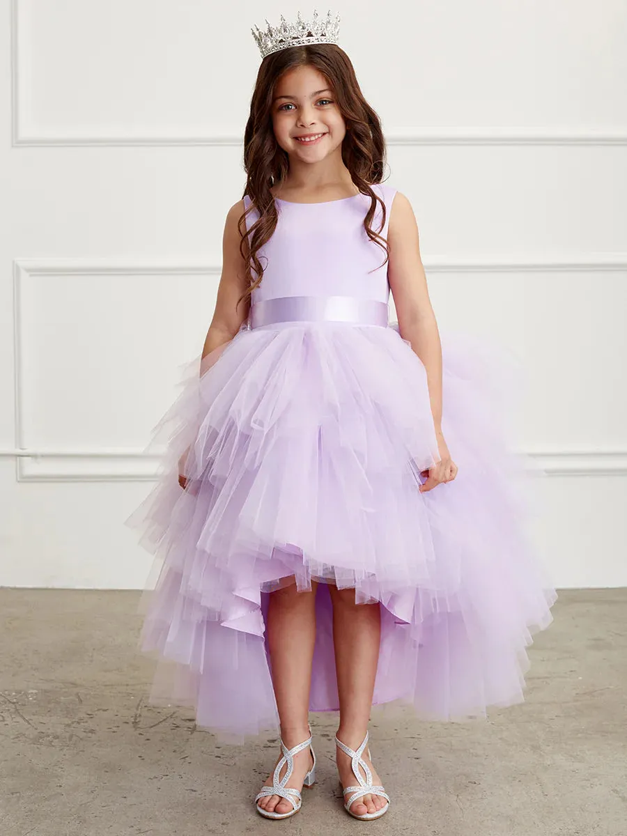 Tip Top 5658 Girls Layered Tulle High Low Skirt Formal Dress Satin Formal Gown Flower Girl