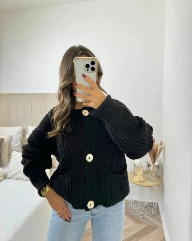 Trendy Golden Button Oversized Hollow-Knit Cardigan