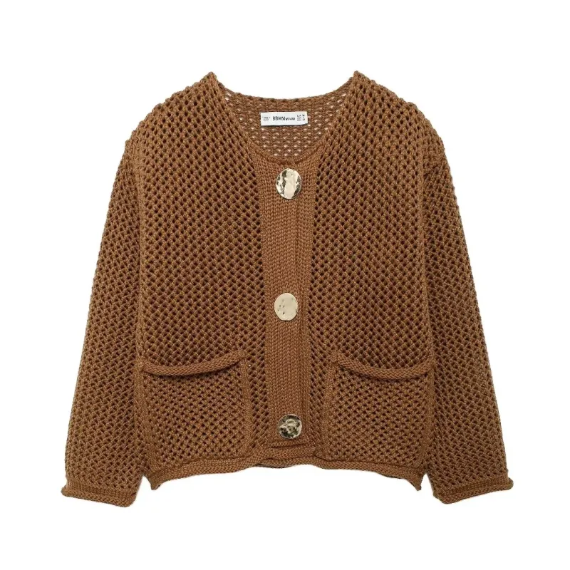 Trendy Golden Button Oversized Hollow-Knit Cardigan