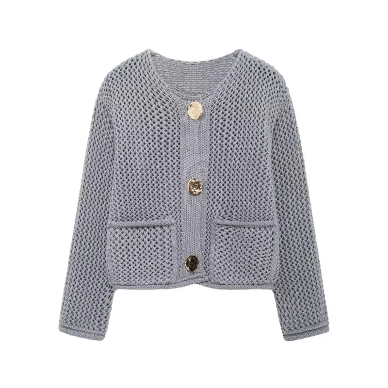 Trendy Golden Button Oversized Hollow-Knit Cardigan