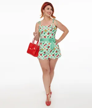 Unique Vintage 1950s Green Gingham Spooky Fruit Print Romper & Skirt Set