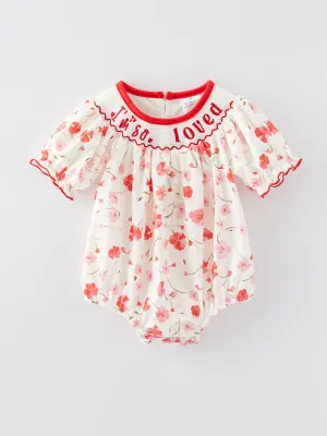 Valentine's Day "I'm so loved‘’Smocking Embroidered Girls Romper