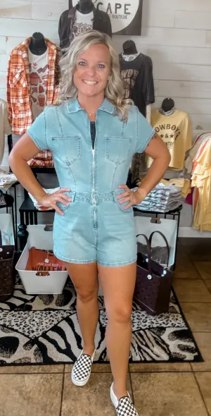 Western Showdown Denim Romper With Front Zip