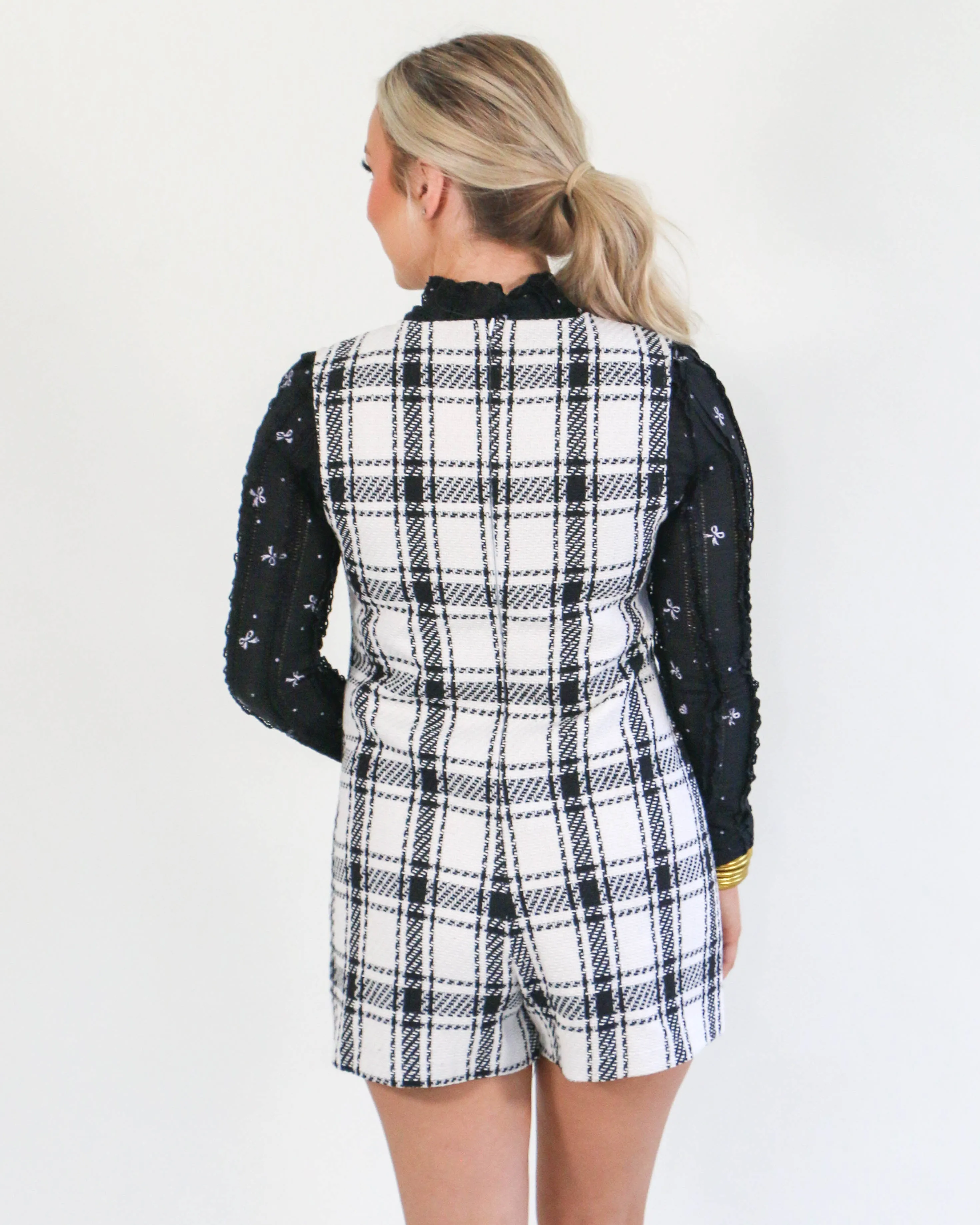 White/Black Sleeveless Round Neck Plaid Tweed Romper With Pocket Details