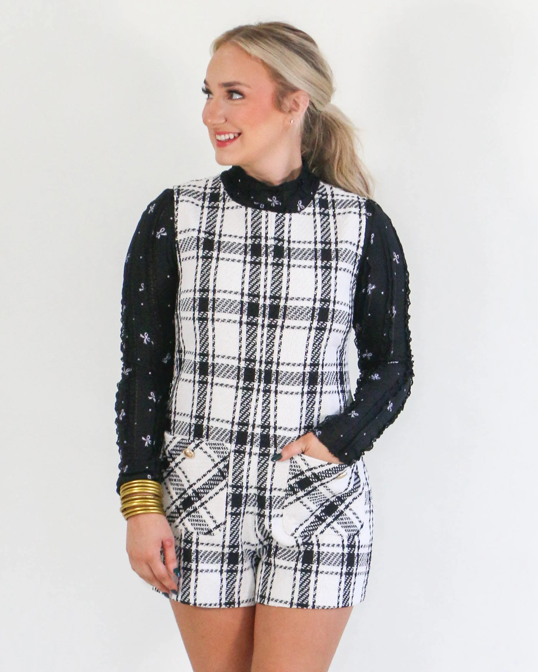 White/Black Sleeveless Round Neck Plaid Tweed Romper With Pocket Details