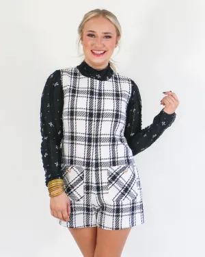 White/Black Sleeveless Round Neck Plaid Tweed Romper With Pocket Details