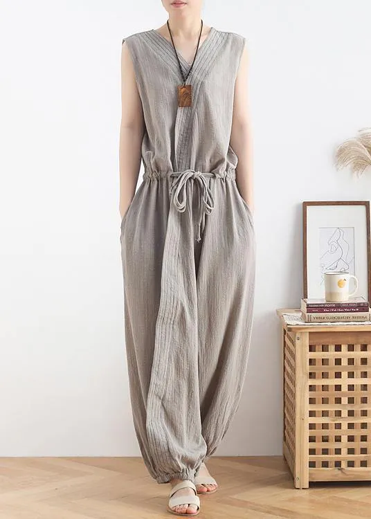 Women's 2021 spring and summer new drawstring waist gray jumpsuit wide-leg pants