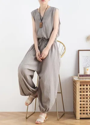 Women's 2021 spring and summer new drawstring waist gray jumpsuit wide-leg pants